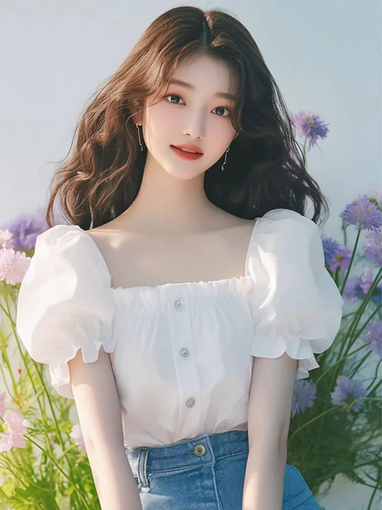 

Белая рубашка с квадратным воротником и пышными рукавами, новая летняя рубашка во французском стиле, элитная уникальная повседневная рубашка