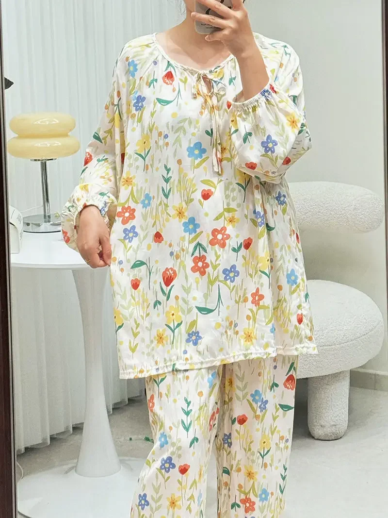 

Ultrathin Trousers Set Long Style National Customs Loungewear Spring and Autumn Summertime New Style Pajamas Ms. Long Sleeve