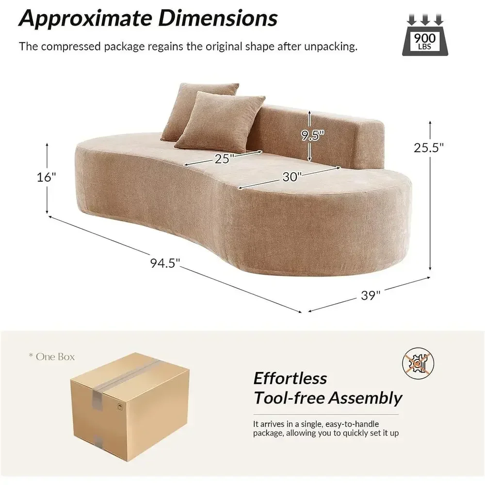 94.5 Curved Sofa, 3-Seat Comfortable Couch with 2 Pillows, Easy Setup, Ideal for Cloud-Themed Living Rooms, Pink