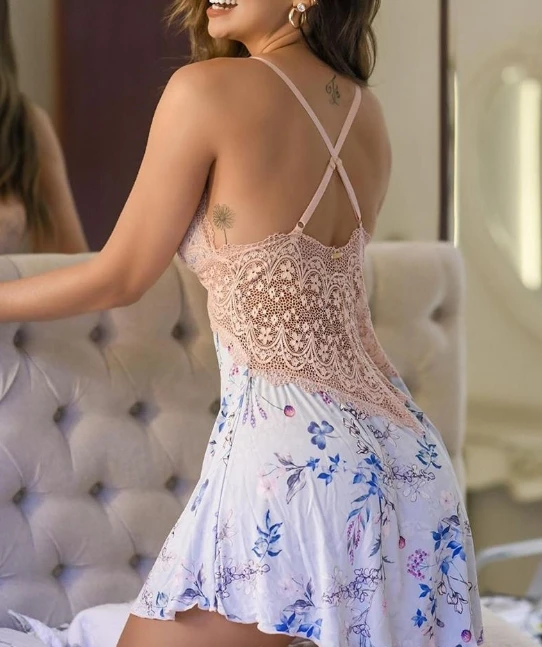 Blue Strap Lace Dress - Women's Fashion and Sexy Casual Dress with Underwear, Sleep Skirt 2025 Summer New Collection