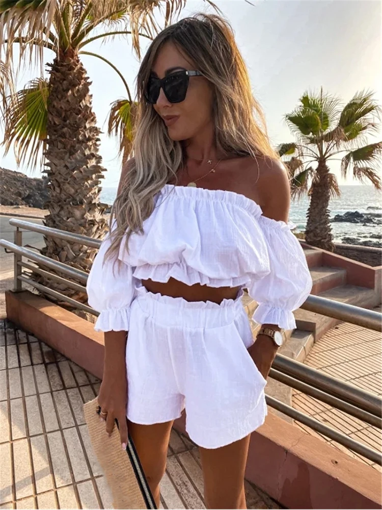 Women Casual Short Sleeve Outfit 2023 Summer Fashion One-Word Collar Lantern Sleeve Pocket Suit Female Top Shorts Two Pieces Set