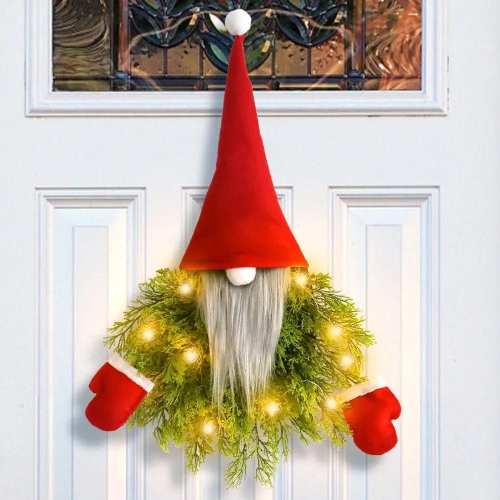 Luminous Christmas Santa Garland Artificial Branches Long Hat Glowing Gnome Wreath Faceless Doll Hanging Ornament Front Door