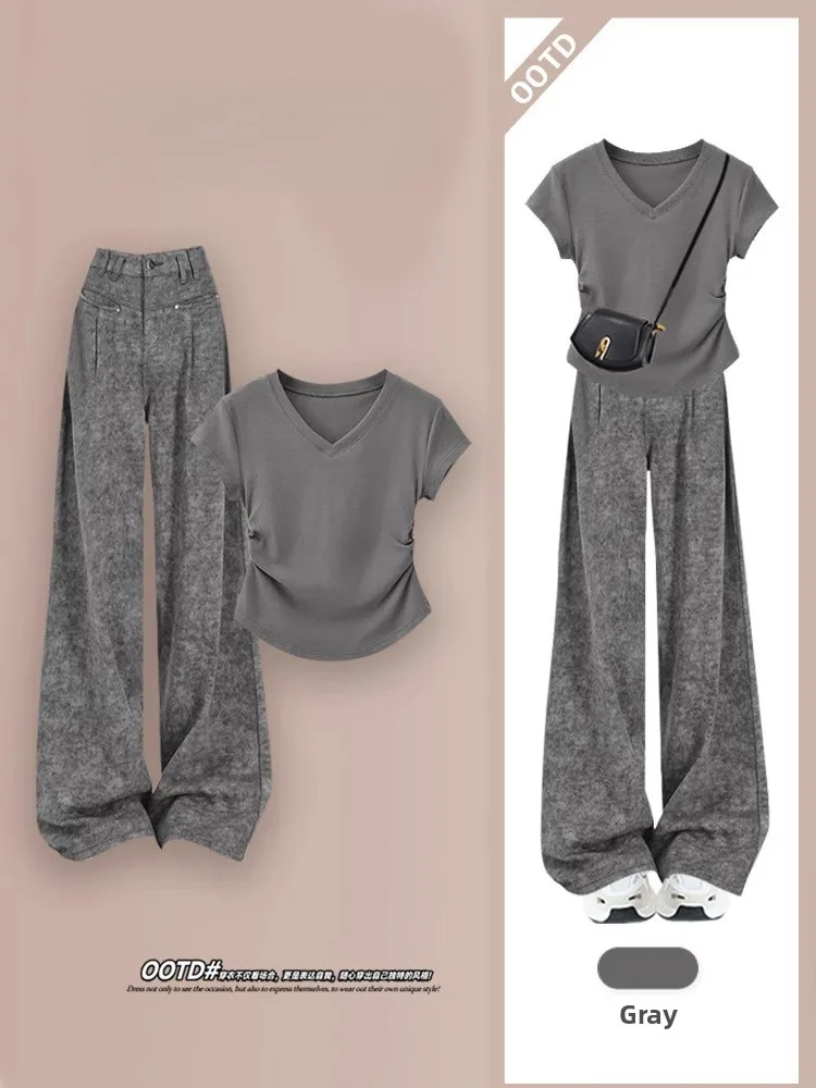 

Summer Faionable Casual Waist-Cinching ort Sve V-Ne Top And Pants Two-Piece Set for Women Ele Slimming Ensemble