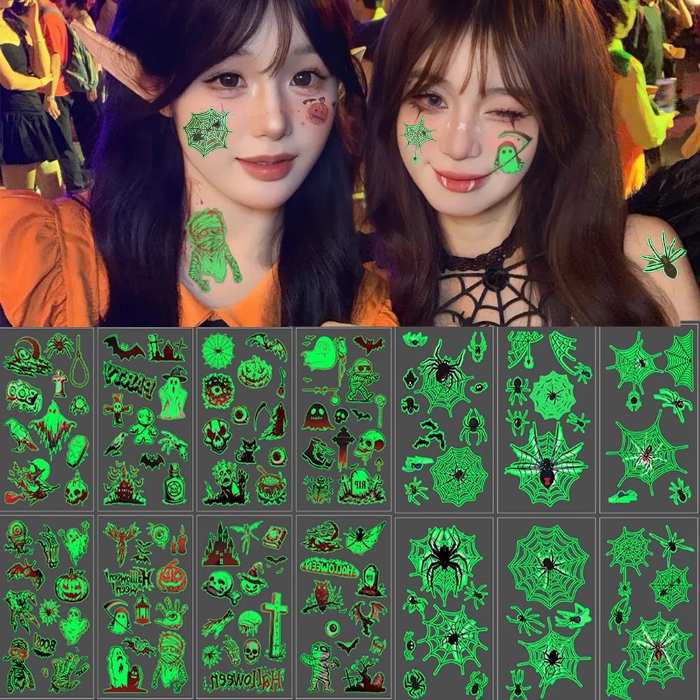 

10pcs Halloween Adult Child Tattoo Cartoon Night Glow Stickers Chrismas Party Activities Holiday Gatherings Temporary Stickers