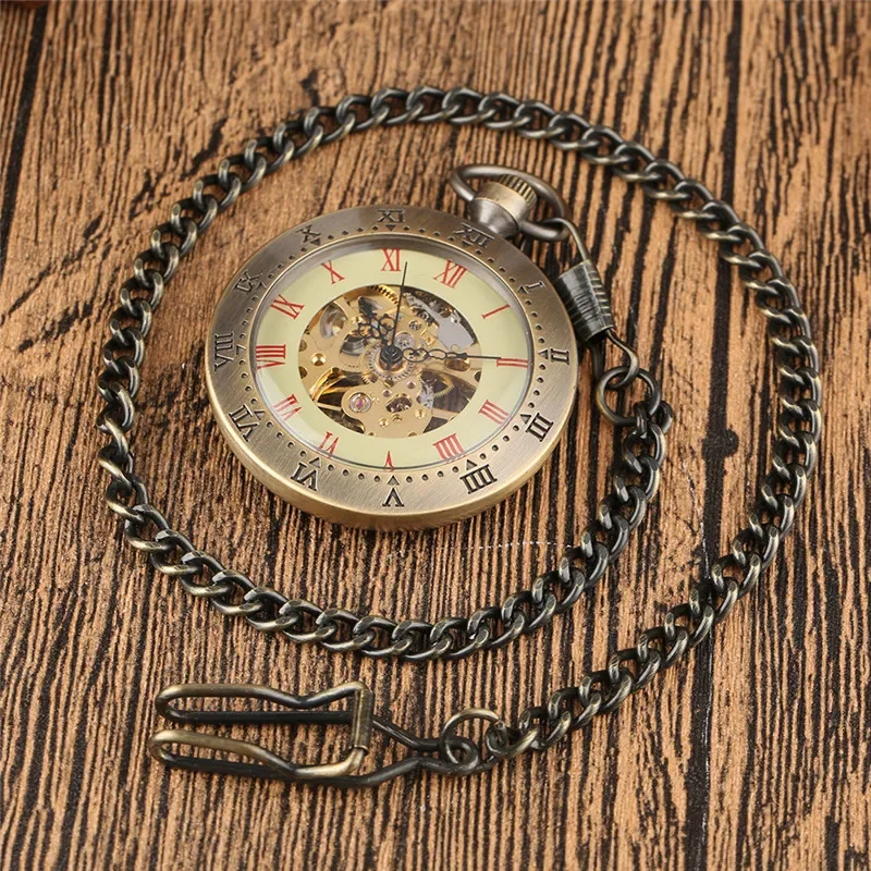 Bronze Carving Roman Number Unisex Handwinding Mechanical Pocket Watch Pendant Chain Skeleton Clock for Men Women Gift Reloj