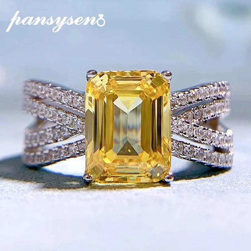 

PANSYSEN 100% 925 Sterling Silver 7x9MM Emerald Cut Citrine High Carbon Diamond Gemstone Finger Ring Cocktail Party Fine Jewelry