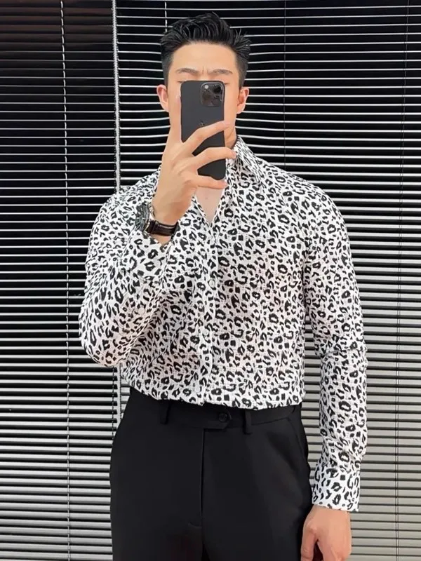 

New 2025 Men's Faion Flower Leopard Print Casual irt Slim Fit Personali Trendy Versatile Breathable Comfortable Long Sl...