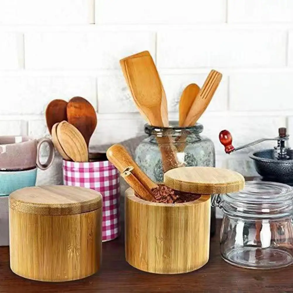 Seasoning Storage Box Bamboo Magnetic Swivel Lid Wooden Salt Cellar Pepper Sugar Spice Holder Round Salt Box Kitchen Gadgets