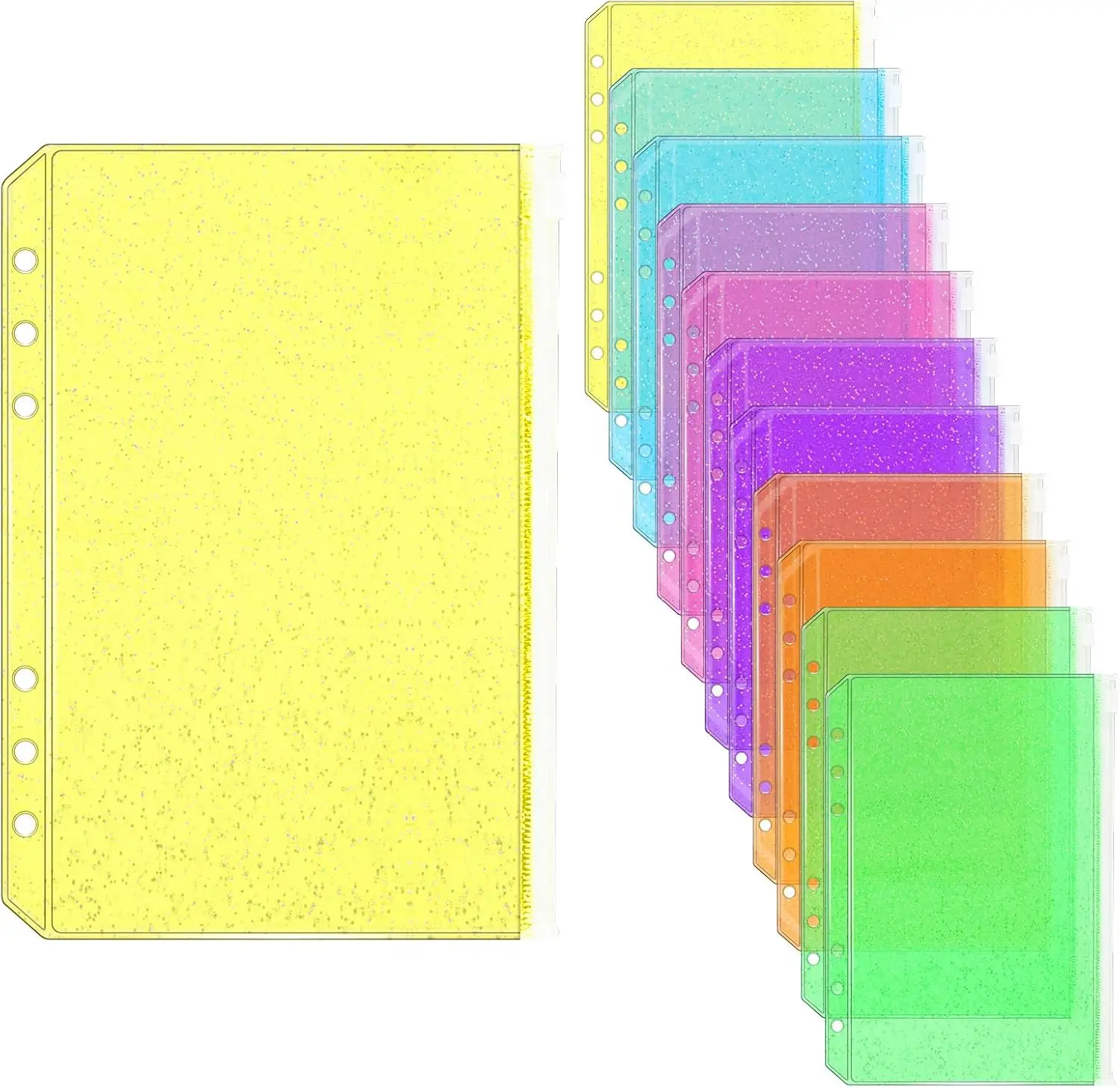 New A5/A6 Zipper Pockets 6 Colors Glitter Pocket Sleeves 12 Pack Plastic Sheet Protectors for 6 Ring A5/A6 Binders