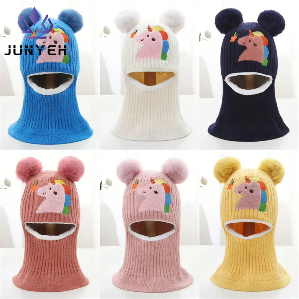 

Winter Baby Knitted Hat Scarf Boys Girls Unicorn Hood Hats Toddler Earflap Beanie With Pompom For Kids 2-6 Years