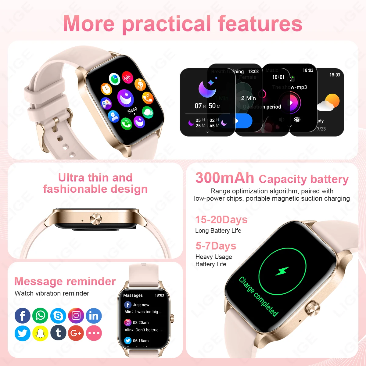 LIGE Fashion Smart Watch BT Call Custom Dial Curved Glass Luxury Bracelet Women\'s Health Monitor Lady Gift Clock Smartwatch Men