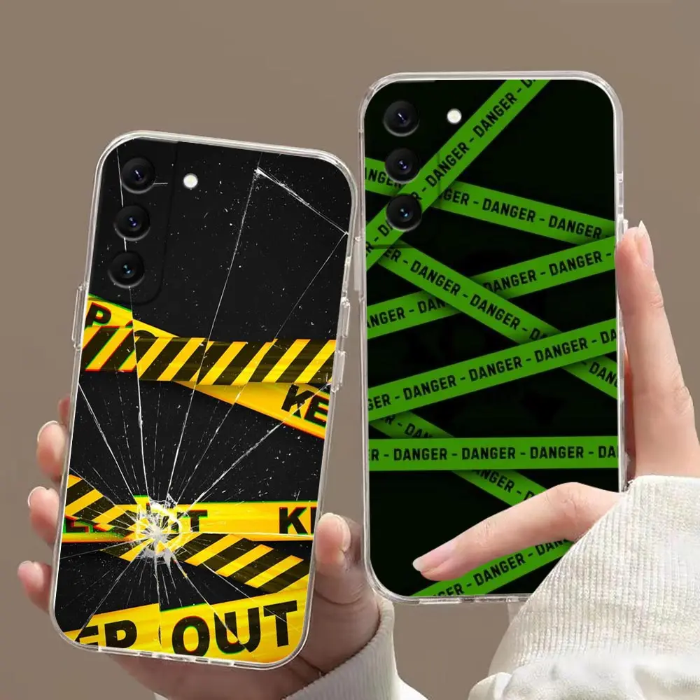 Clear Phone Case For Samsung S23 S22 S21 S20 FE S10 NOTE 10 A12 A10 A03S A04 A04E PLUS ULTRA 5G Case Funda Shell WARNING DANGER