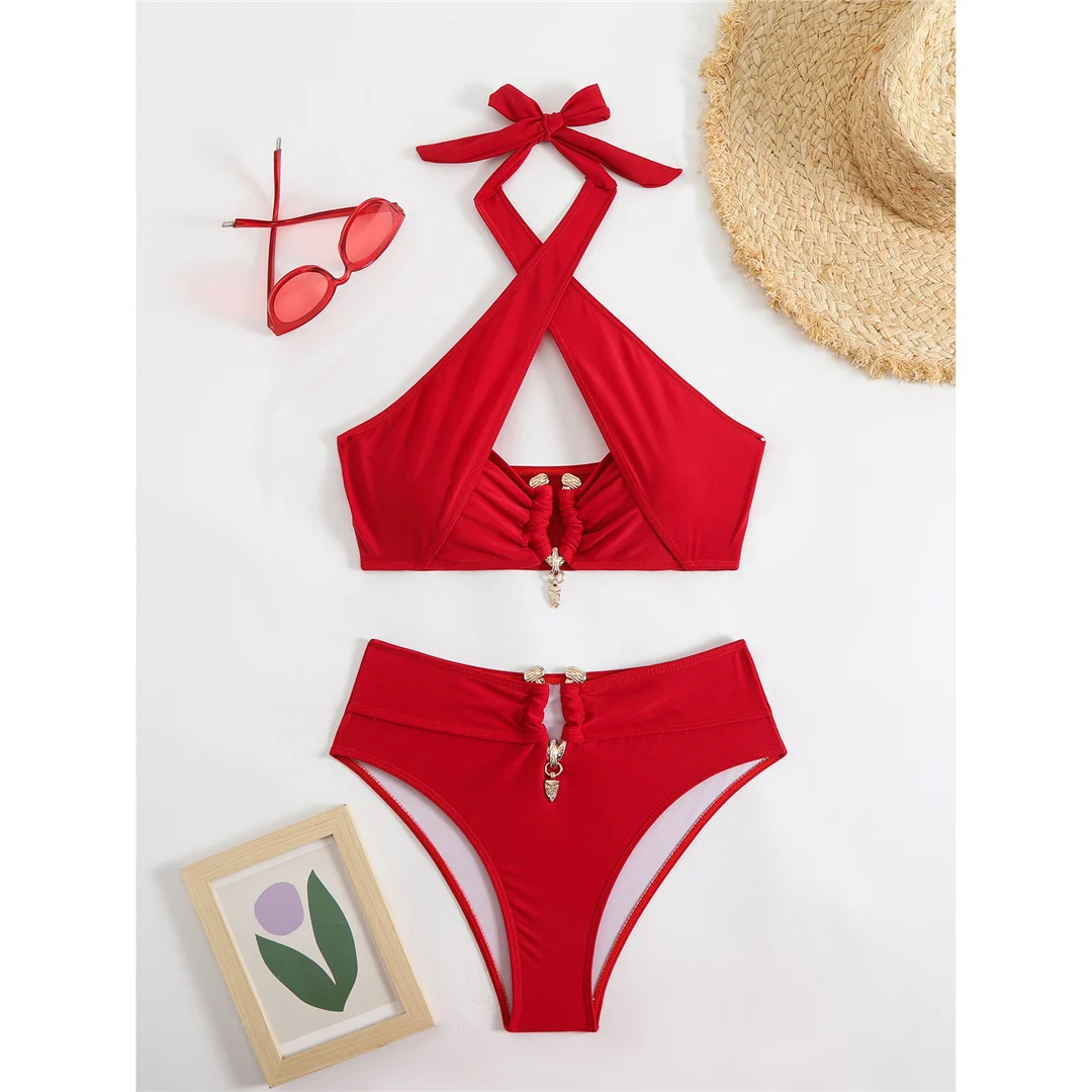 Neuer Neckholder-Bikini mit Cut-Outs und hoher Taille, Damen-Badeanzug, zweiteiliges Bikini-Set, gepolsterter Badeanzug, Badebekleidung, Schwimmbekleidung V6256B – Detail 37