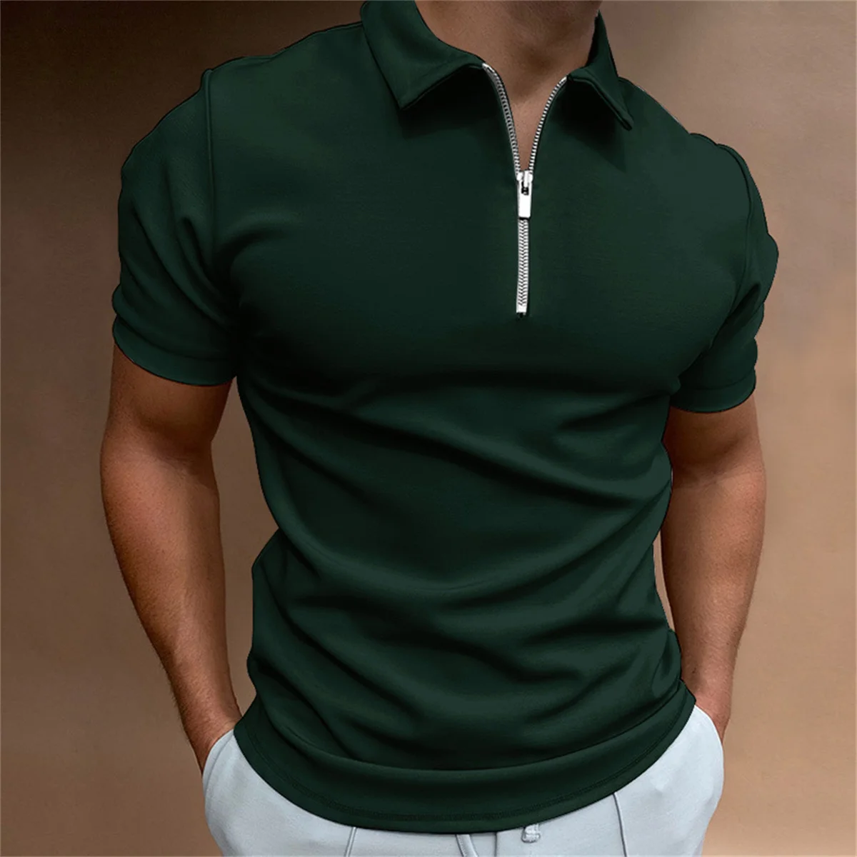 Street Outdoor Casual Men\'s Summer Slim-Fit Solid Color Pullover Zipper Decoration Light Frivolous Short-Sleeved Polo Shirt