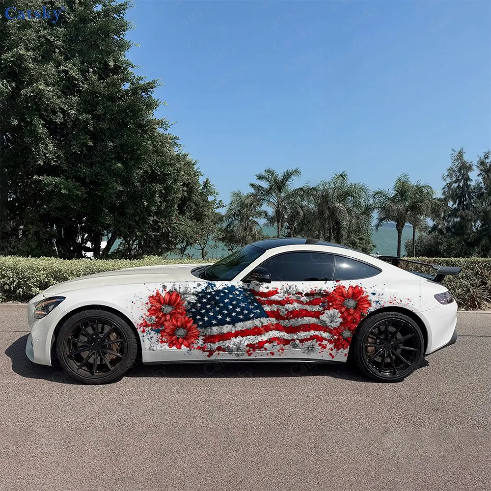 

2pcs Graffiti Style American Flag Car Side Wraps, Self-Adhesive PVC Waterproof & Scratch-Resistant Stickers, Car Accessory Gift