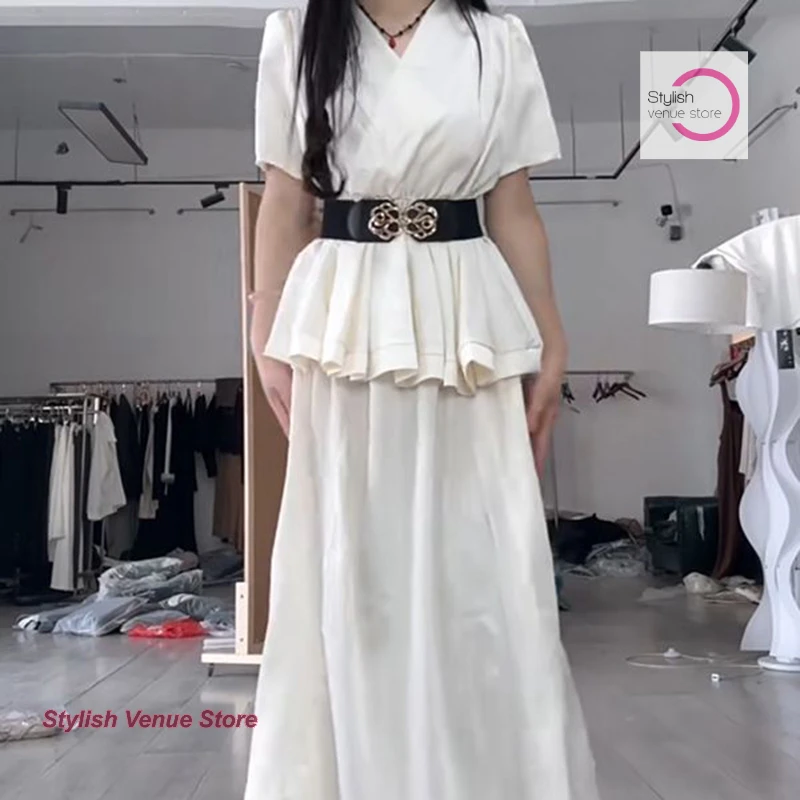 بدلة على الموضة الفرنسية صيف جديد الساتان الخصر الخامس الرقبة قصيرة الأكمام قميص عالية الخصر على شكل حرف A النمط الغربي بدلة من قطعتين