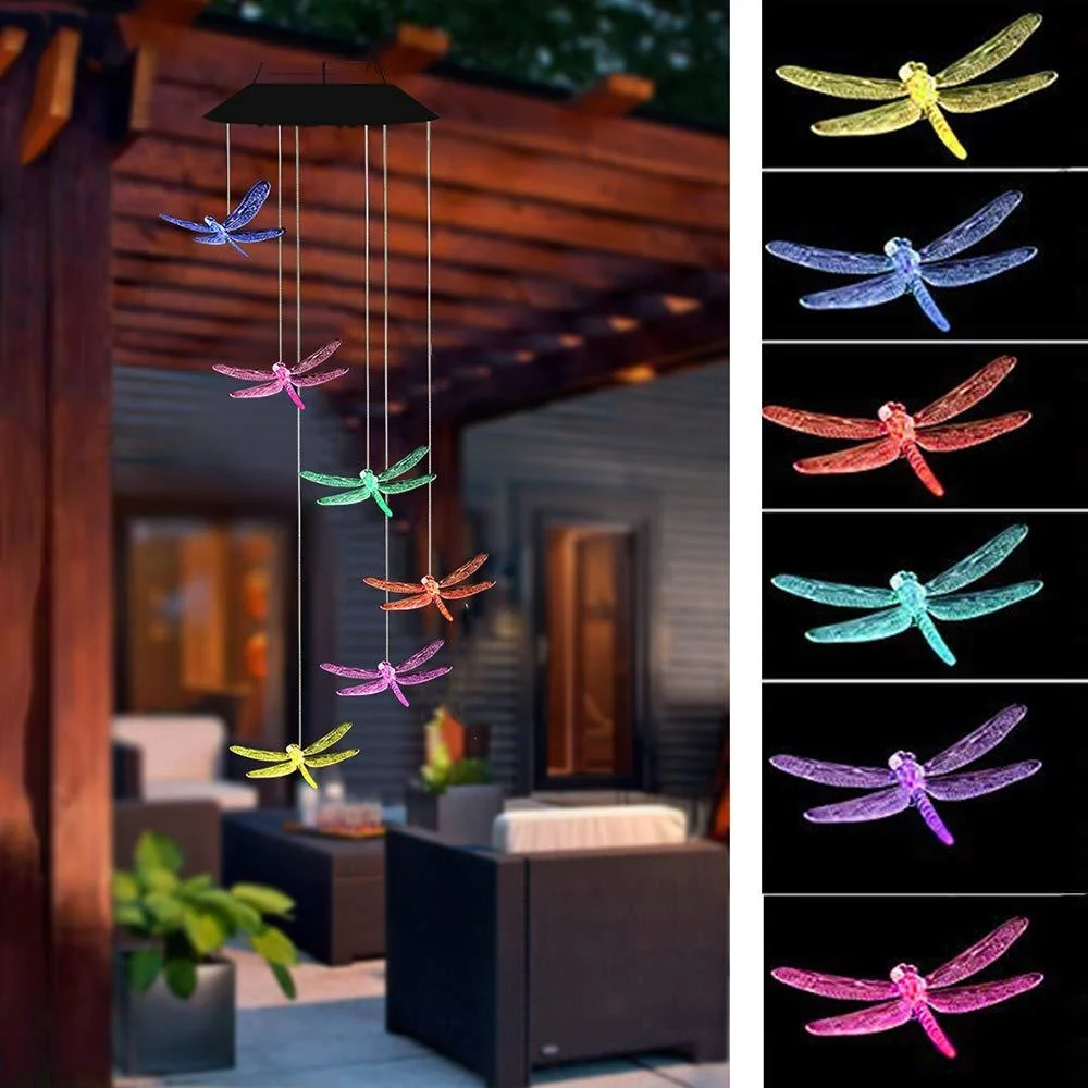 Amaznon solar wind chime lamp Dragonfly color changing LED hanging lamp outdoor rainproof decorative lamp wind lamp