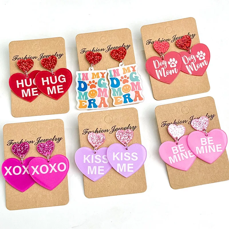 Glitter Acrylic Heart Words Valentines Day Earrings Women KISS ME XOXO BE MINE Holiday Gifts