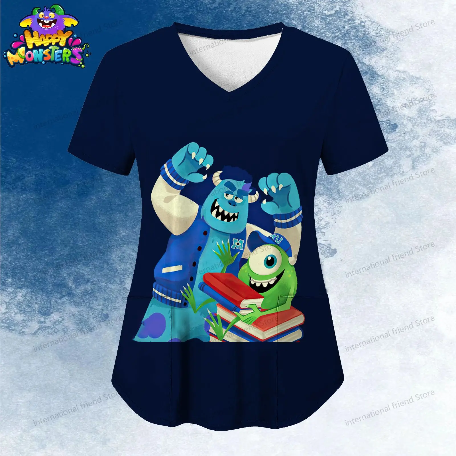 

Monsters Inc. Pocket Women's V Neck Nurse Uniform T-Shirt Y2k New Dress Youthful Woman Clothes Summer Short Sleeve Cheap Top