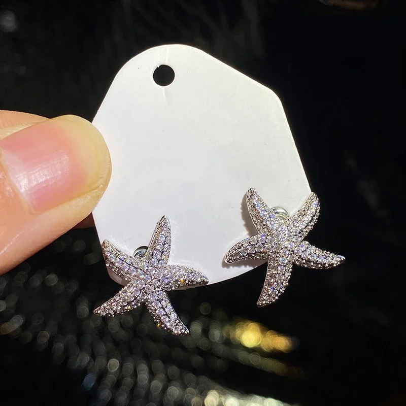 2024 Romantic Starfish Stud Earrings for Women Silver Color Bling  Crystal CZ Exquisite Accessories New Trendy Jewelry