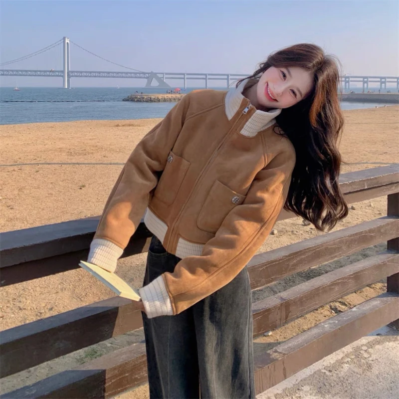 Tagkita Pelle scamosciata da donna Jaet ort Thiened Pelliccia di agnello imbottitura integrata in pelle e pelliccia Autunno Inverno Nuova chiusura con cerniera Sle...