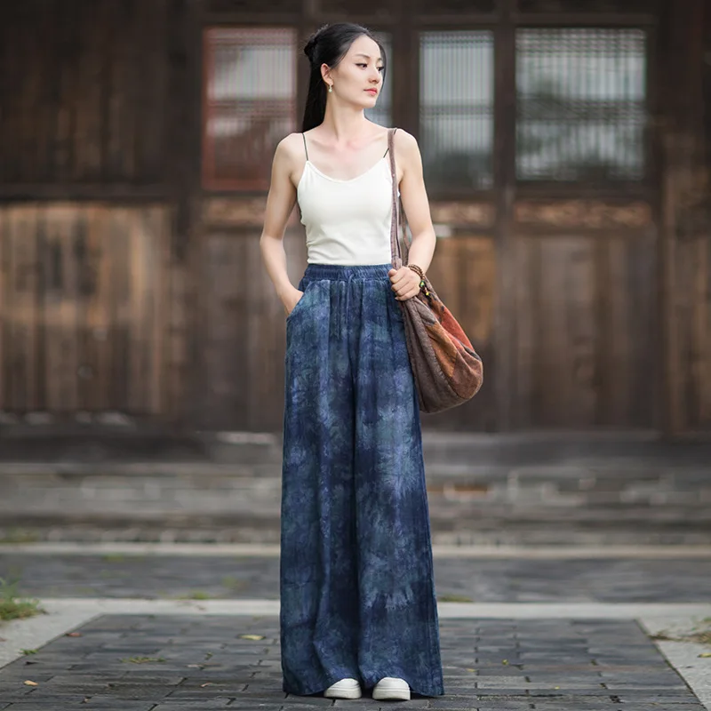 Autumn Cotton Linen Women's Pants Original Plaid Print Loose Wide-Leg Trousers