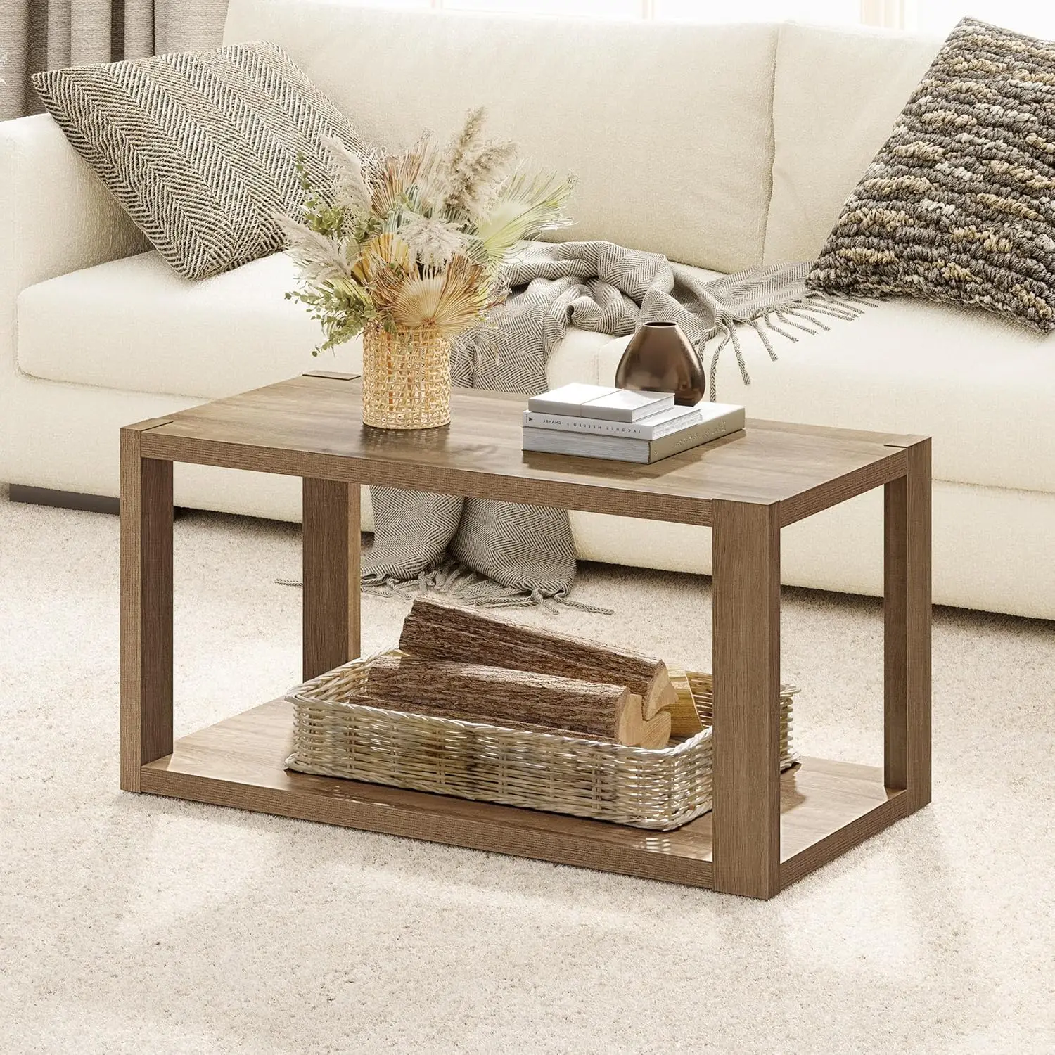 

Farmhouse Wood Coffee Table - Boho Table with Storage Shelf, Rectangle Center Table Wood Look Accent Table, 2-Tier Sofa