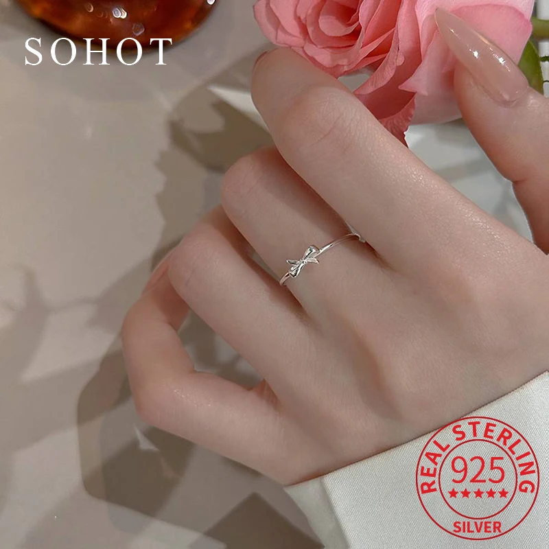 

Real 925 Sterling Silver Mini Bowknot Trendy Ring for Charm Women Exquisite Cute Fine Jewelry Personality Party Accessories