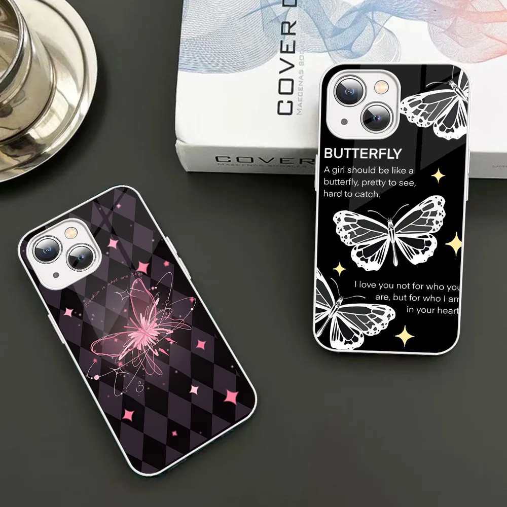 

INS Cartoon Butterfly Minimalism Phone Case Tempered Glass For Iphone 14 13 12 11 Pro Mini XS MAX 14Plus X XS XR Fundas