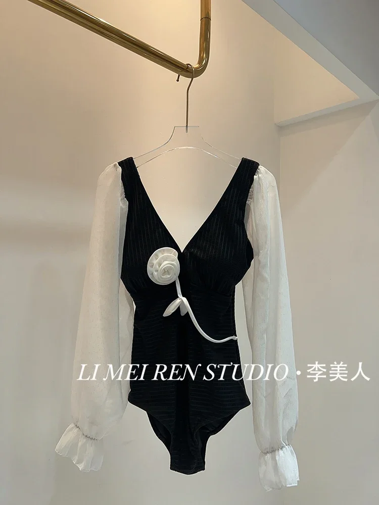 New V-neck waist slimming bubble sleeves flower one-piece swimsuit for women