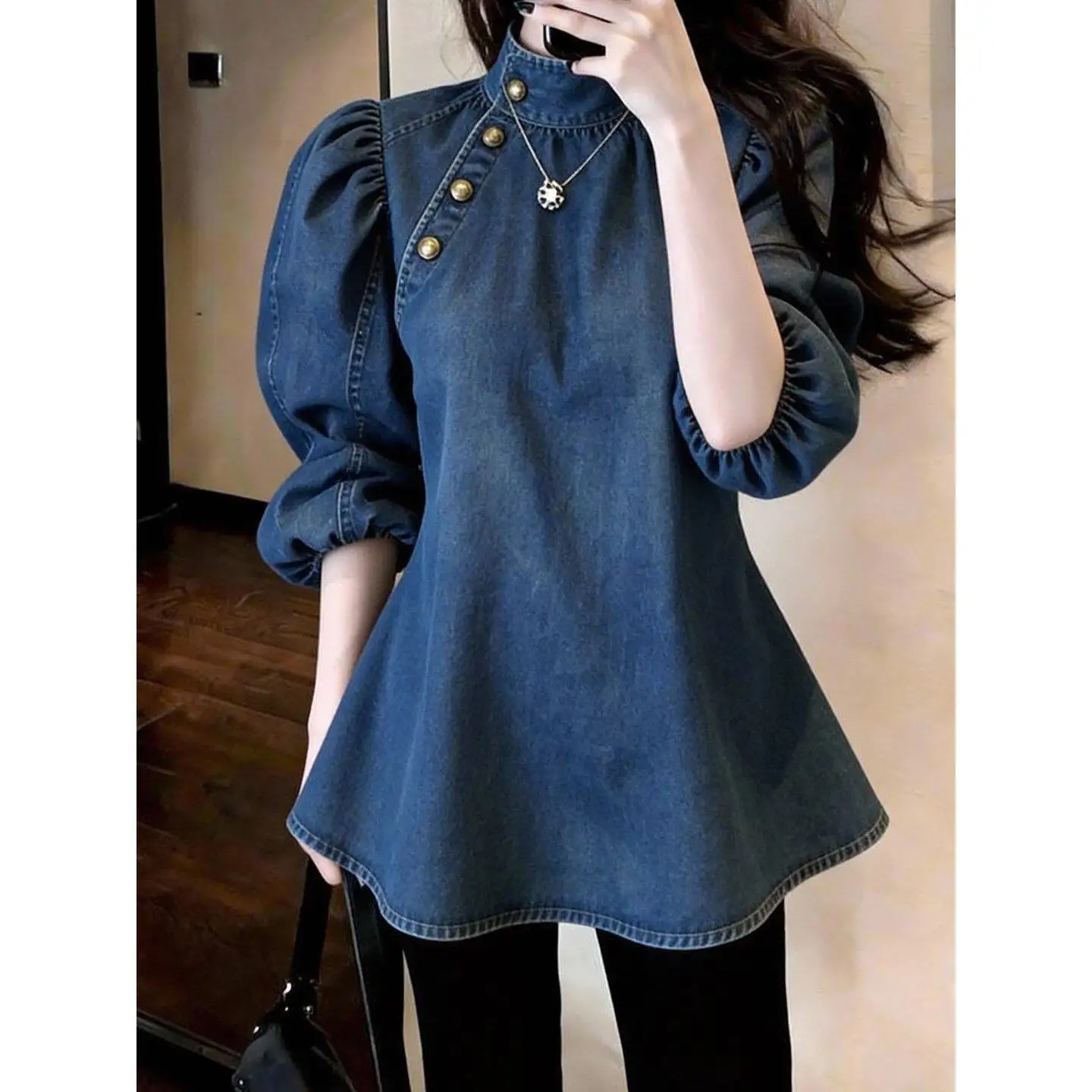 Denim Shirt Stand Collar Design, High-end, Gentle Style, Niche Age-reducing Women's Clothing, 2026 Spring New Fashion