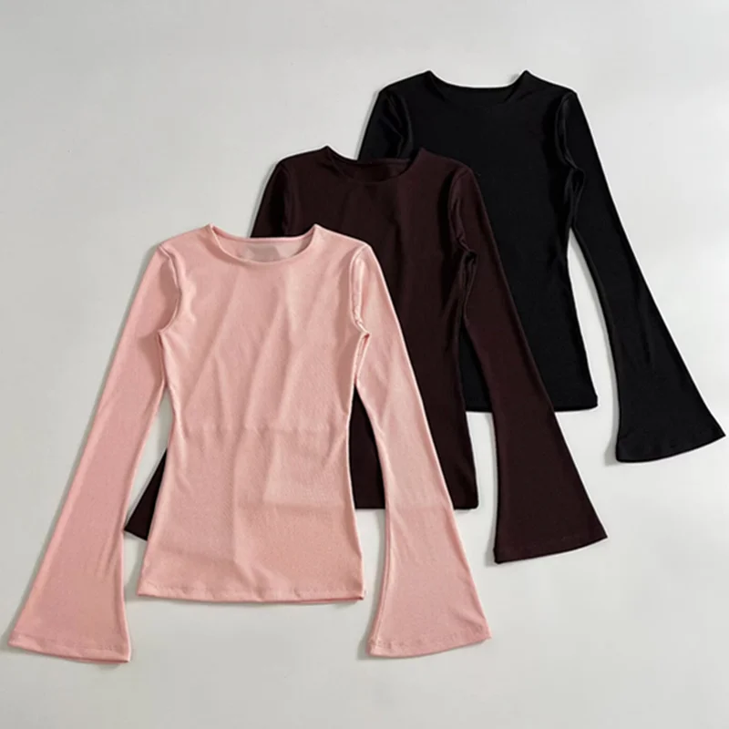 

Dave&Di French Pure Color Basic Round Neck Knitted Rib T-shirt Minimalist Flare Sleeve Slim-fitting Tops For Woman Clothing