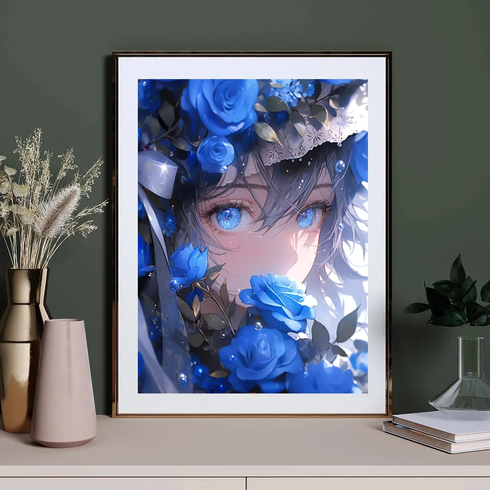 Cartoon Anime 5D DIY Diamond Painting Girl Blue Rose Rhinestone