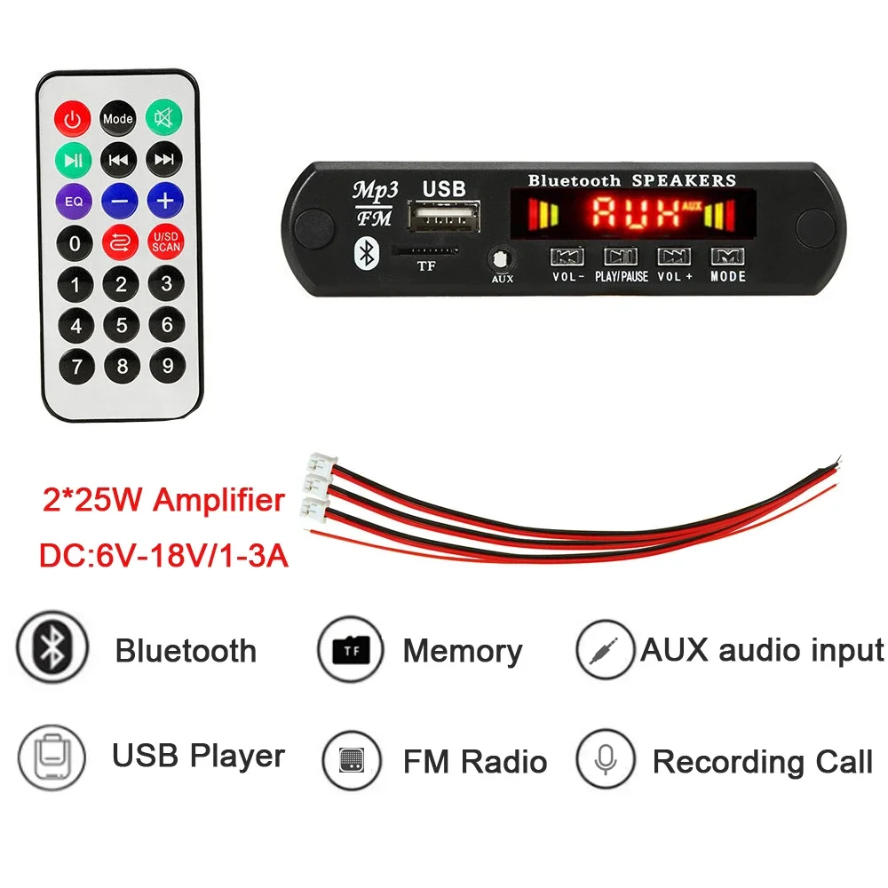 Wireless Bluetooth 5.0 6V-18V MP3 WMA Decoder Board Car Audio USB TF FM Radio Module Color Screen MP3 Player with Remote Control