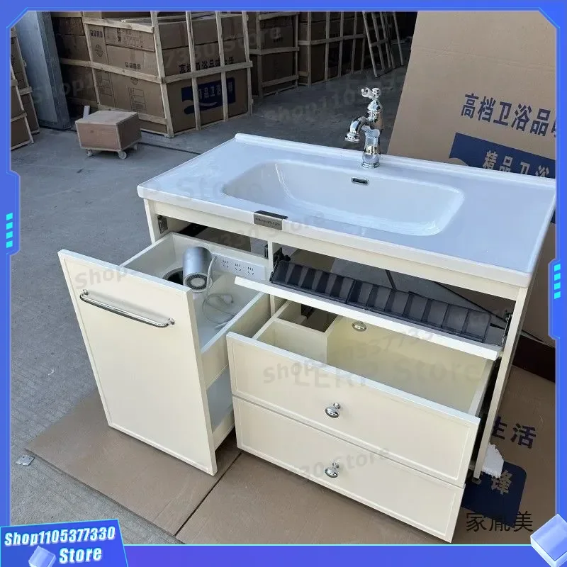 Solid Wood Bathroom Cabinet With Pull Out Basket Ceramic Integrated Basin Hair Dryer Socket Combo Washbasin Vanity Unit For