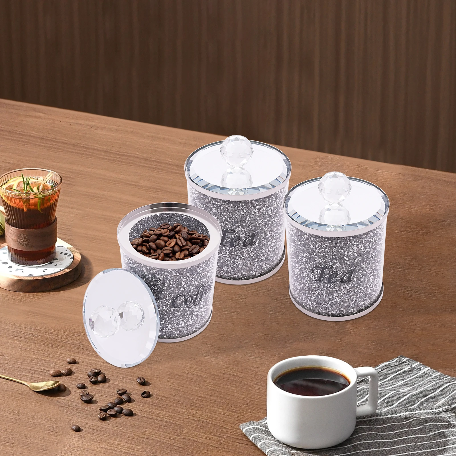 3-teiliges Kaffee-Zucker-Tee-Behälter-Set 10x14cm Moderner Glas-Kaffeebohnen-Organizer Lebensmittel-Aufbewahrungsdosen für Mehl & Snacks, Platzsparend – Detail 2