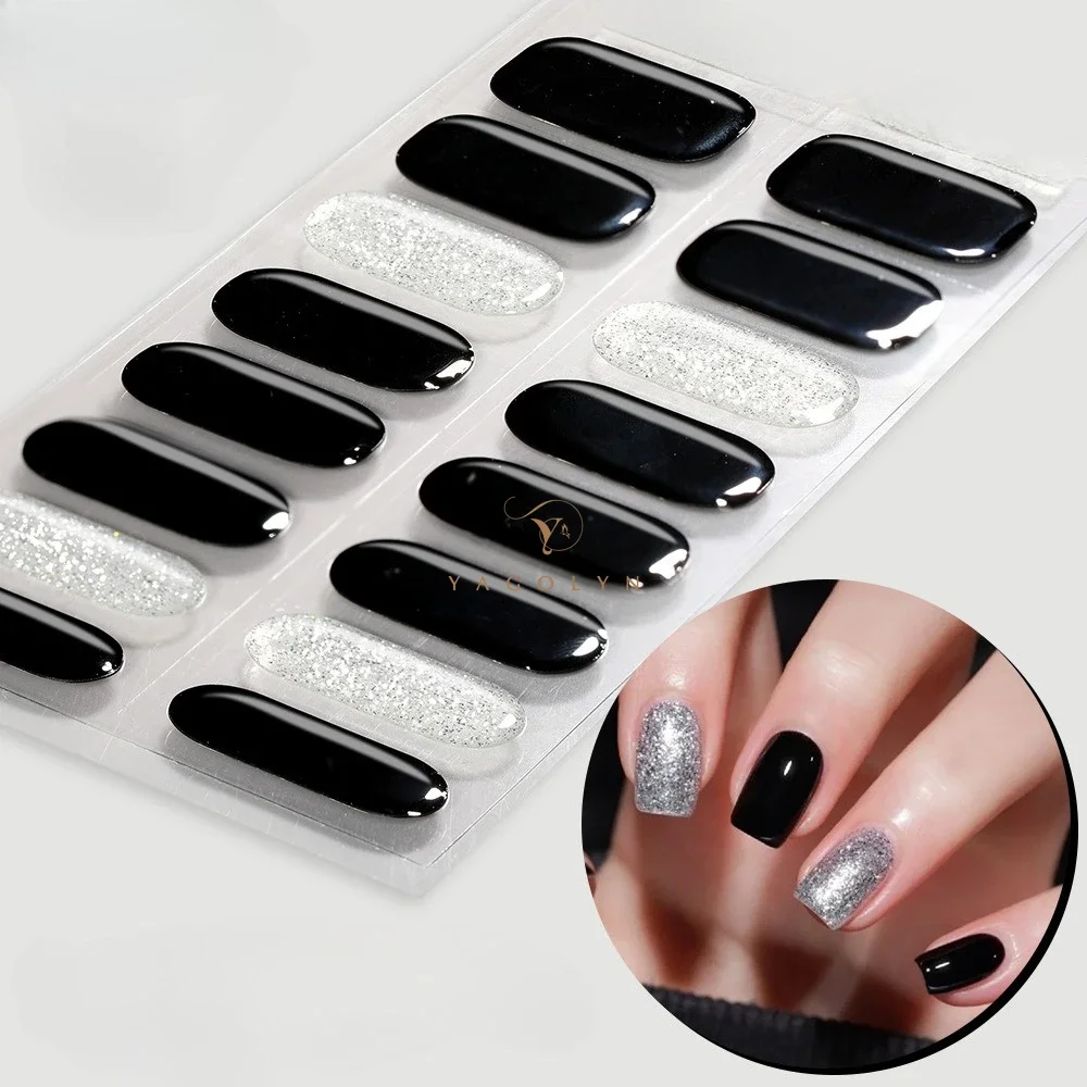16Tips Semi-cured Gel Nail Sticker Full Cover Waterproof Long-lasting Gel Nail Art Stickers Solid color Press on Nails Decals
