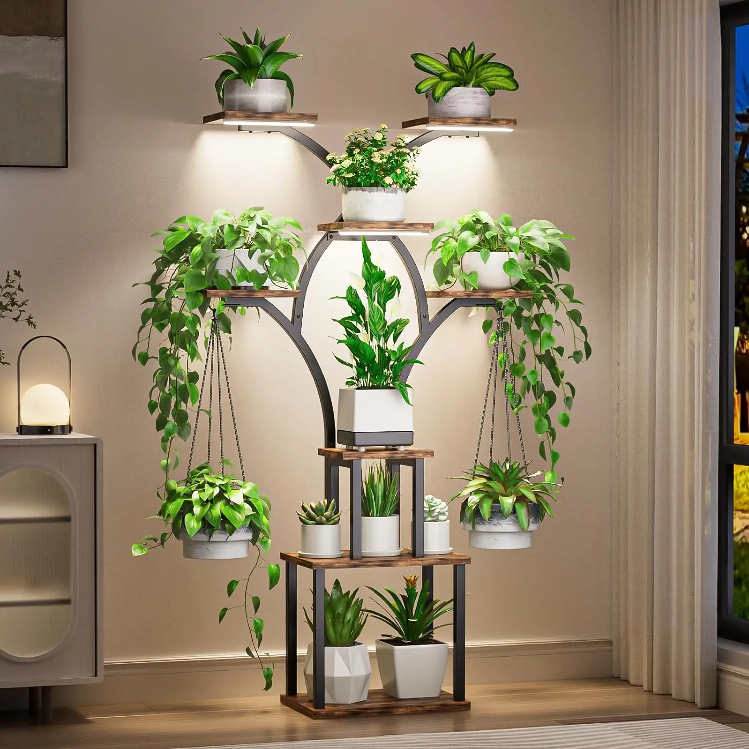 

60" Tall 8-Tier Plant Stand with Grow Lights - Corner Shelf for Indoor Plants, Metal X-Shaped Rack for Home Decor (Brown)