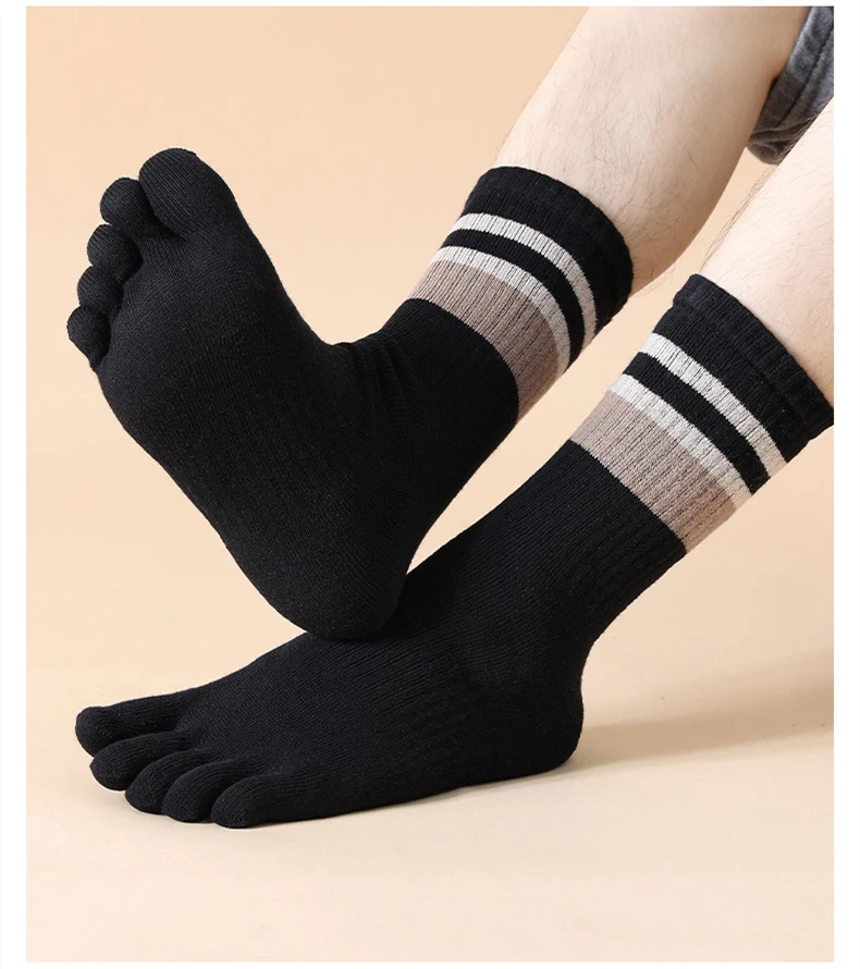5 Paar Frottee-Zehensocken für Herren, Baumwolle, gestreift, dick, weich, elastisch, schweißabsorbierend, warm halten, Partykleid, lange 5-Finger-Happy-Socken – Detail 17