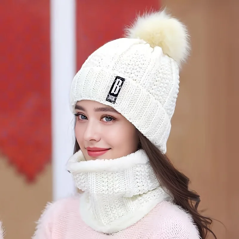 Women\'s Scarf Hat Winter Cycling Padded Warm Knitted Wool Hat Thickened Windproof Scarf Hat Warm and Cold Knitted Hat