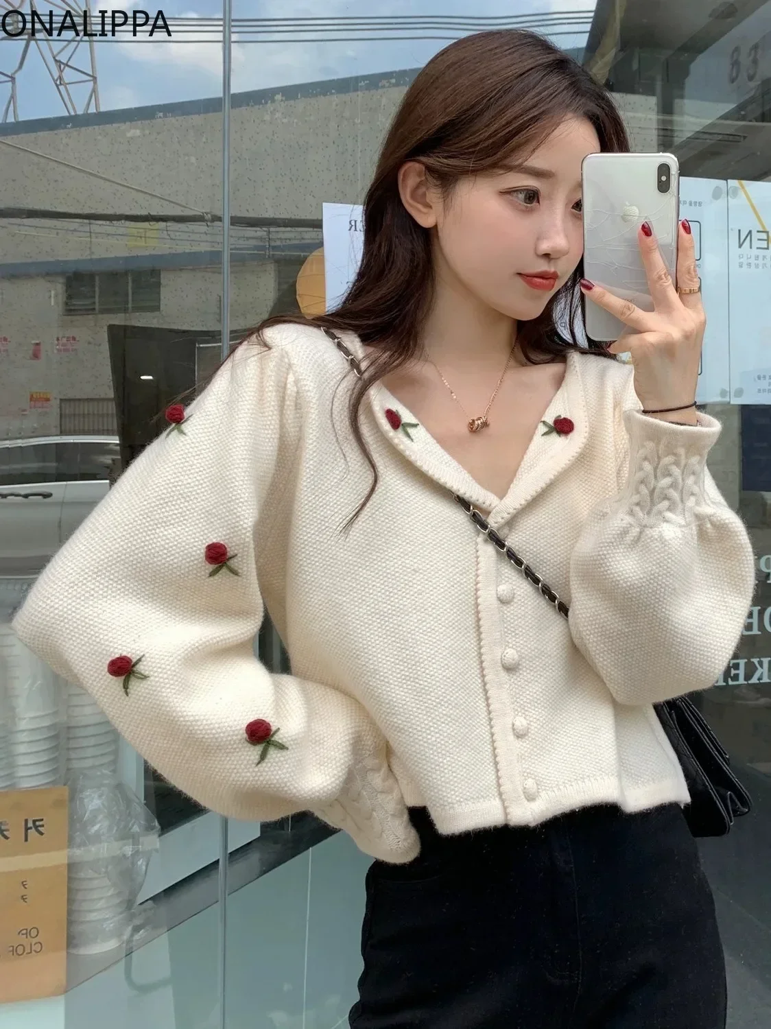 Onalippa Three Dimensional Flowers Cropped Cardigan Gentle Wind Notched Collar Knitted Cardigans Korean Single Breasted Sweater