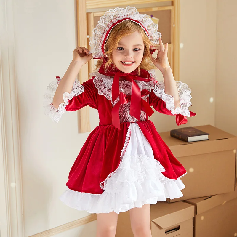 Spring New Red Velvet Lolita Girls Dress Birthday Spanish Princess Dress Ins Children\'s Suit Kids Clothing  Kids Fashion Dress