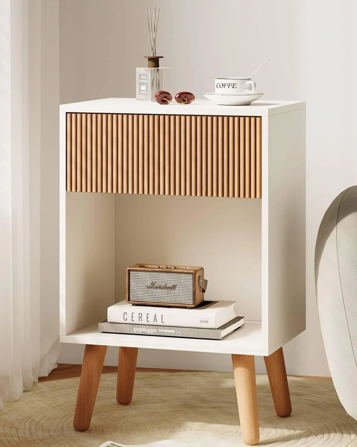 

Fluted Nightstand with Storage Drawer and Shelf, Modern Bedside Table with Solid Wood Legs for Living Room Bedroom