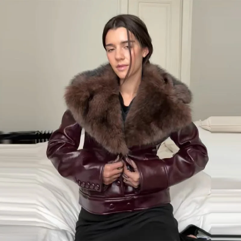 

Vintage Faux Fur Artificial Leather Wine Red Coat Women's Long Sleeve Lapel Single Breasted Jacket Motorcycle Commute Streetwear