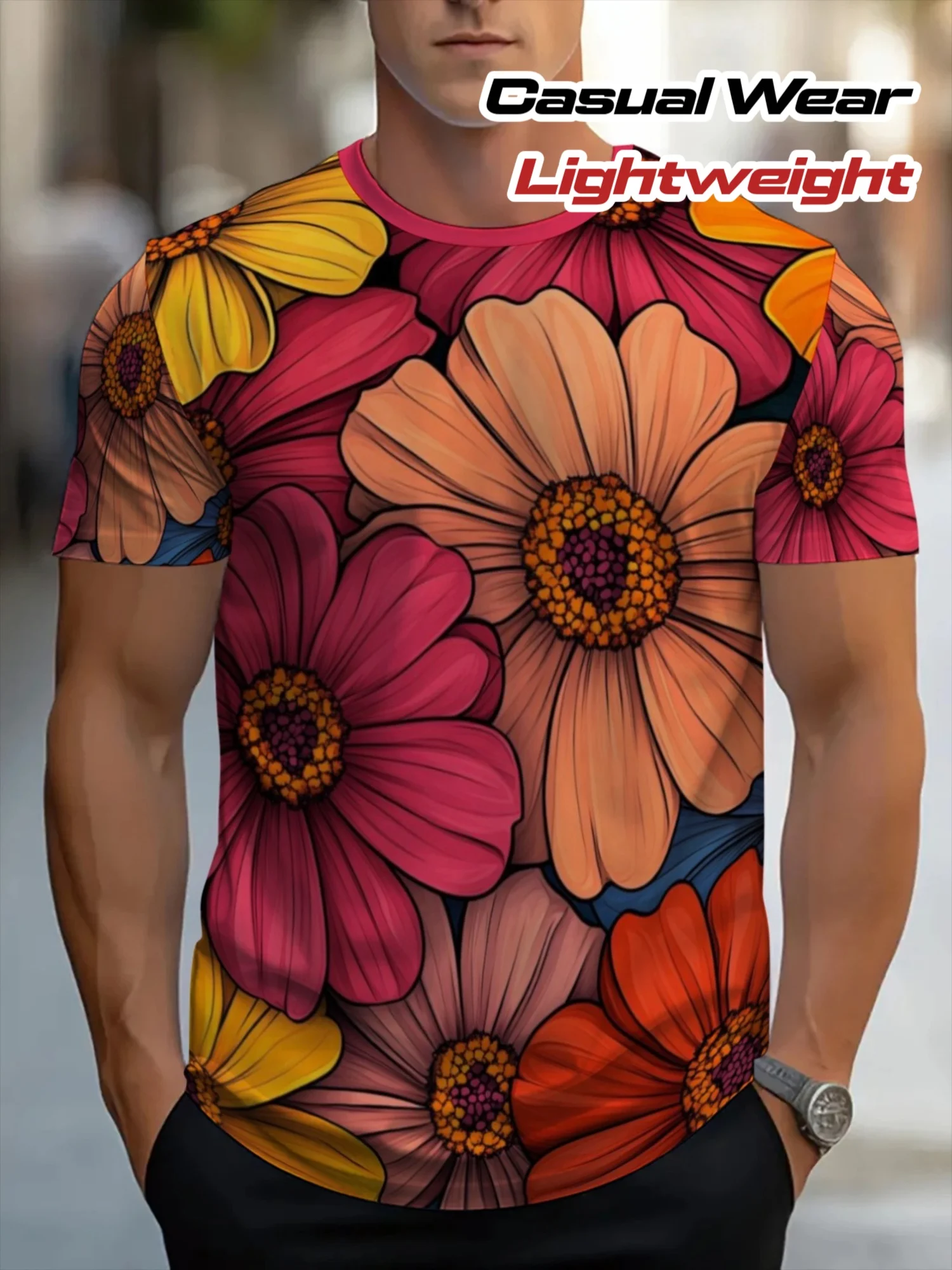 Men Colorful Daisy Floral Print Crew Neck T Shirt Lightweight Casual Short Sleeve Streetwear Tops