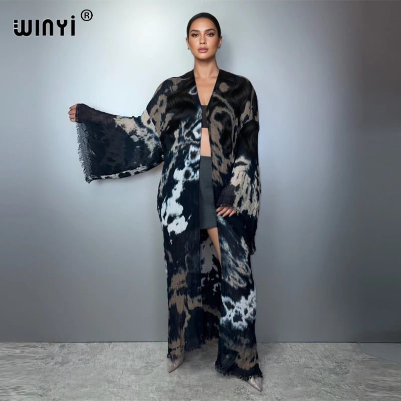 

WINYI tie-dye Kimono Print Long Sleeve Cardigan Muslim Women's Abaya Boho Cover up Dress Kaftan Luxury Dubai Style