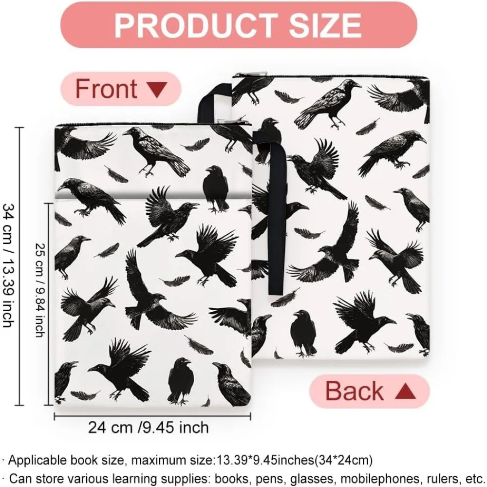 1pc Paperbacks Book Covers 13.4x9.45 inch Crow Books Pouches Book Sleeve with Zipper and Front Pocket Bookish Book Protectors