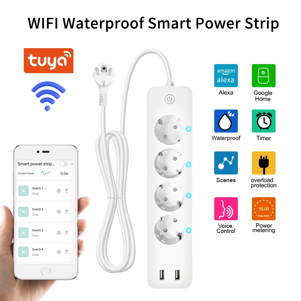 Lincukoo Smart Wi-Fi-Steckdosenleiste 3600W Leistungsmessung 4EU 16A Steckdose + 2 USB unterstützt Tuya, Alexa, Google Home Sprachsteuerung