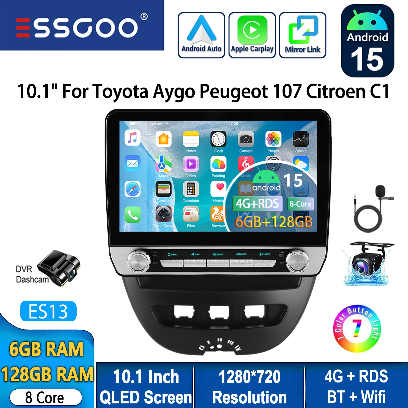 Autoradio ESSGOO Android 15 10.1 Inch 6+128 GB voor Toyota Aygo Peugeot 107 Citroën C1 Draadloze CarPlay Android Auto GPS Navigatie 4G FM AM BT RDS Stuurwielbediening Mirror Link QLED Touchscreen