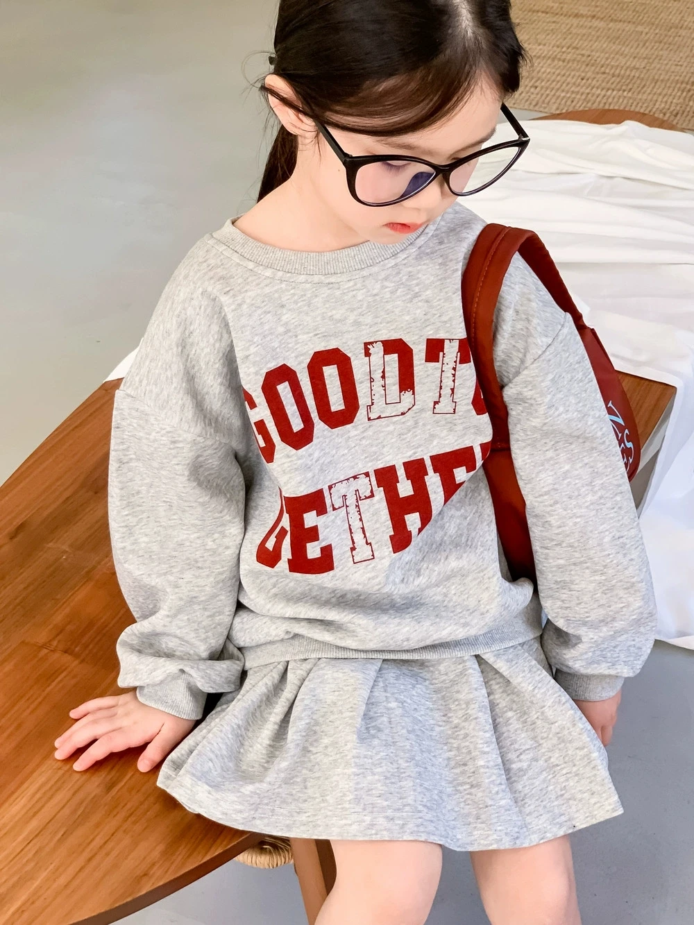 2025 Spring New Girls round Collar Hoodie Korean Fashion Baby Girl Letter Printed Top Skirt Two Piece Set